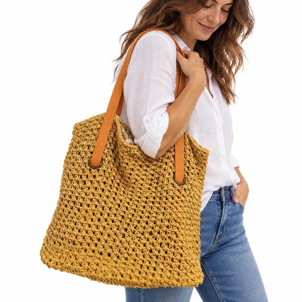 Mustard Crochet Reversible Tote Bag Floral Lining Orange Shoulder Straps
